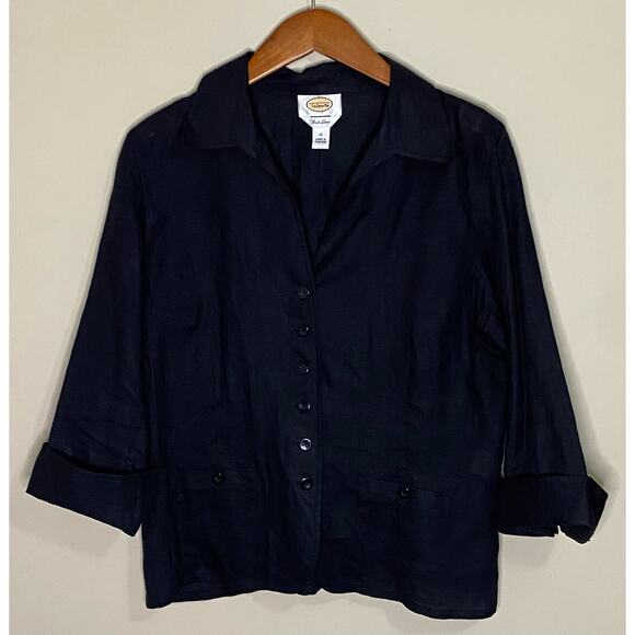 Talbots 100% Irish Linen Blouse Womens Size 12 Top Button Black Top Natural - Picture 1 of 7